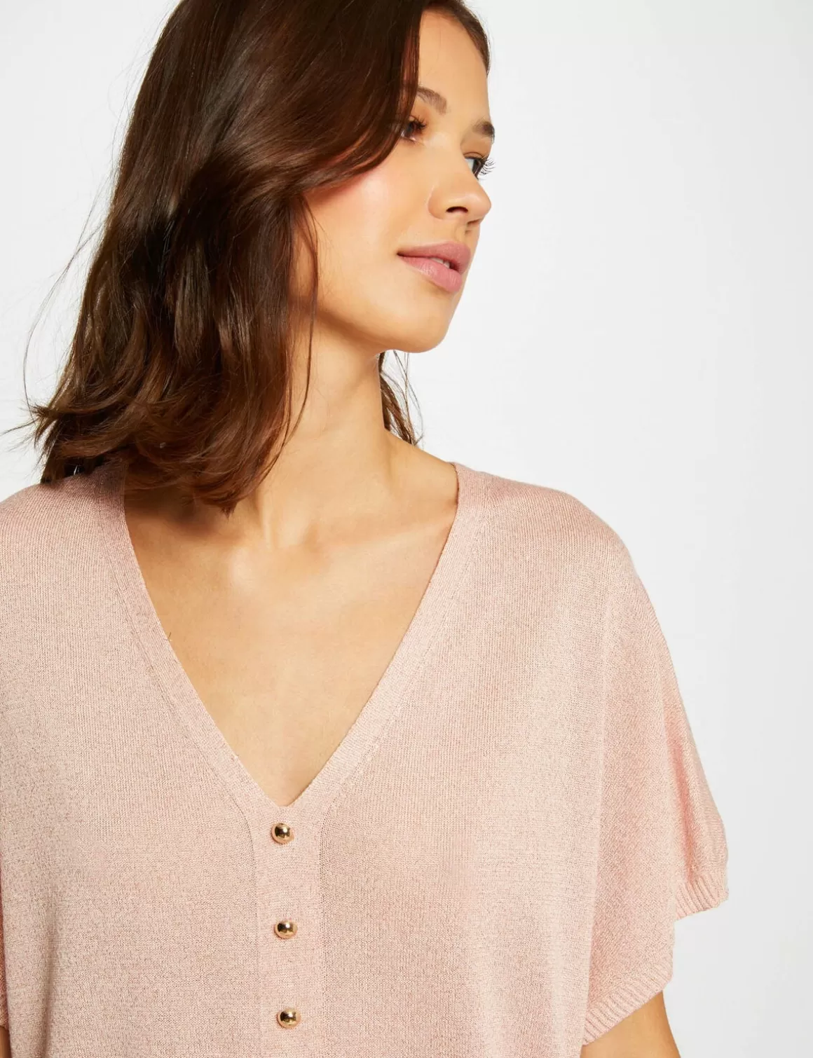 Morgan Pulls>Pull Manches Courtes Avec Boutons Vieux Rose Femme | Vieux_Rose