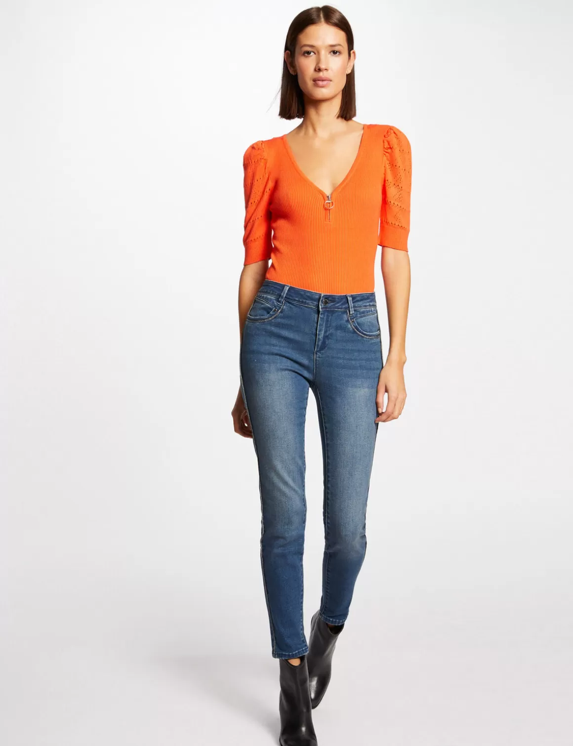 Morgan Pulls>Pull Manches Courtes Avec Col En V Femme | Orange