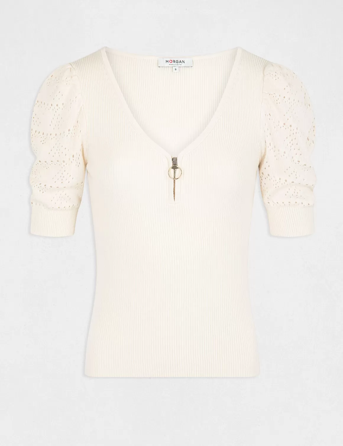 Morgan Pulls>Pull Manches Courtes Avec Col En V Femme | Ivoire