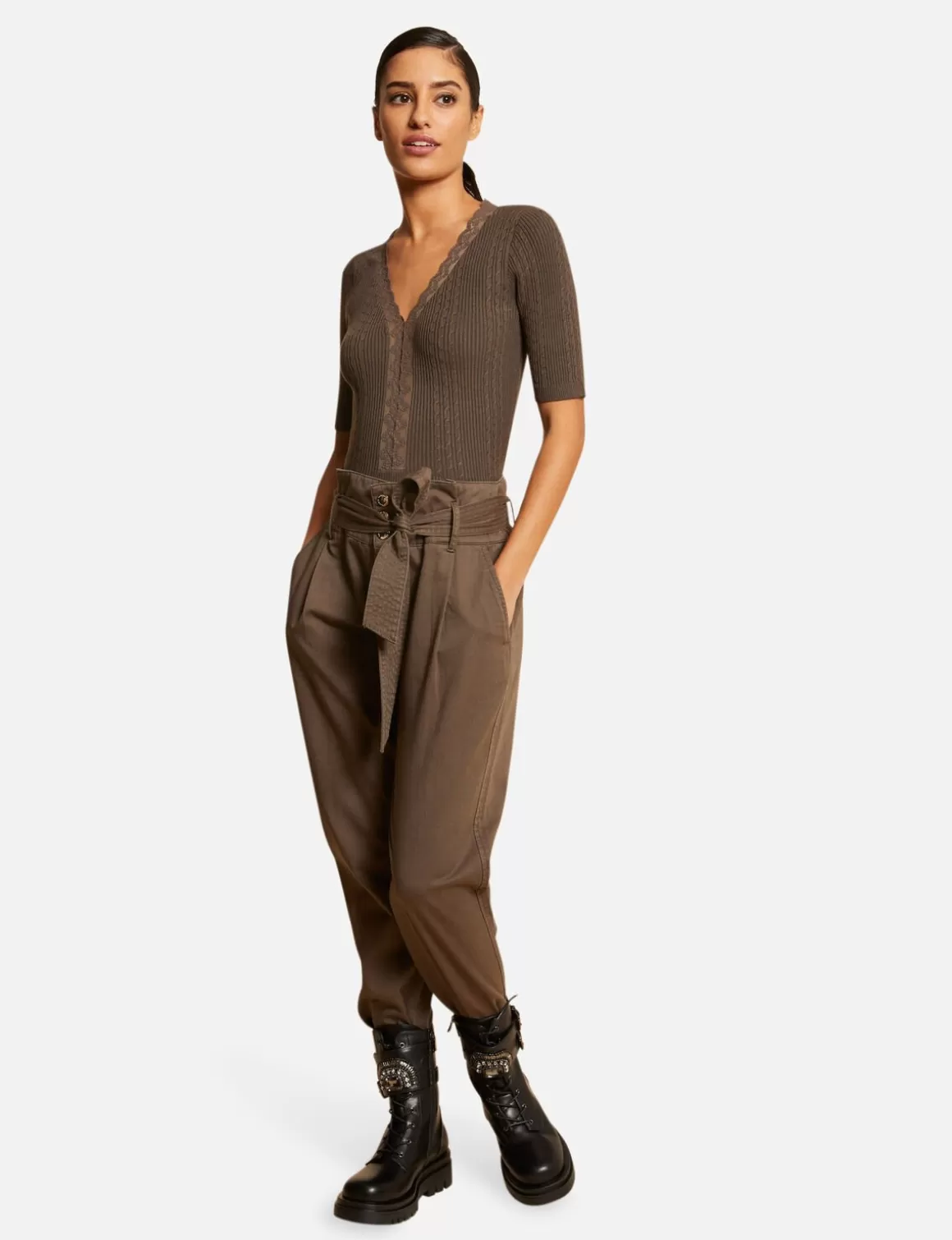 Morgan Pulls>Pull Manches Courtes Avec Col En V Vert Kaki Femme | Vert_Kaki