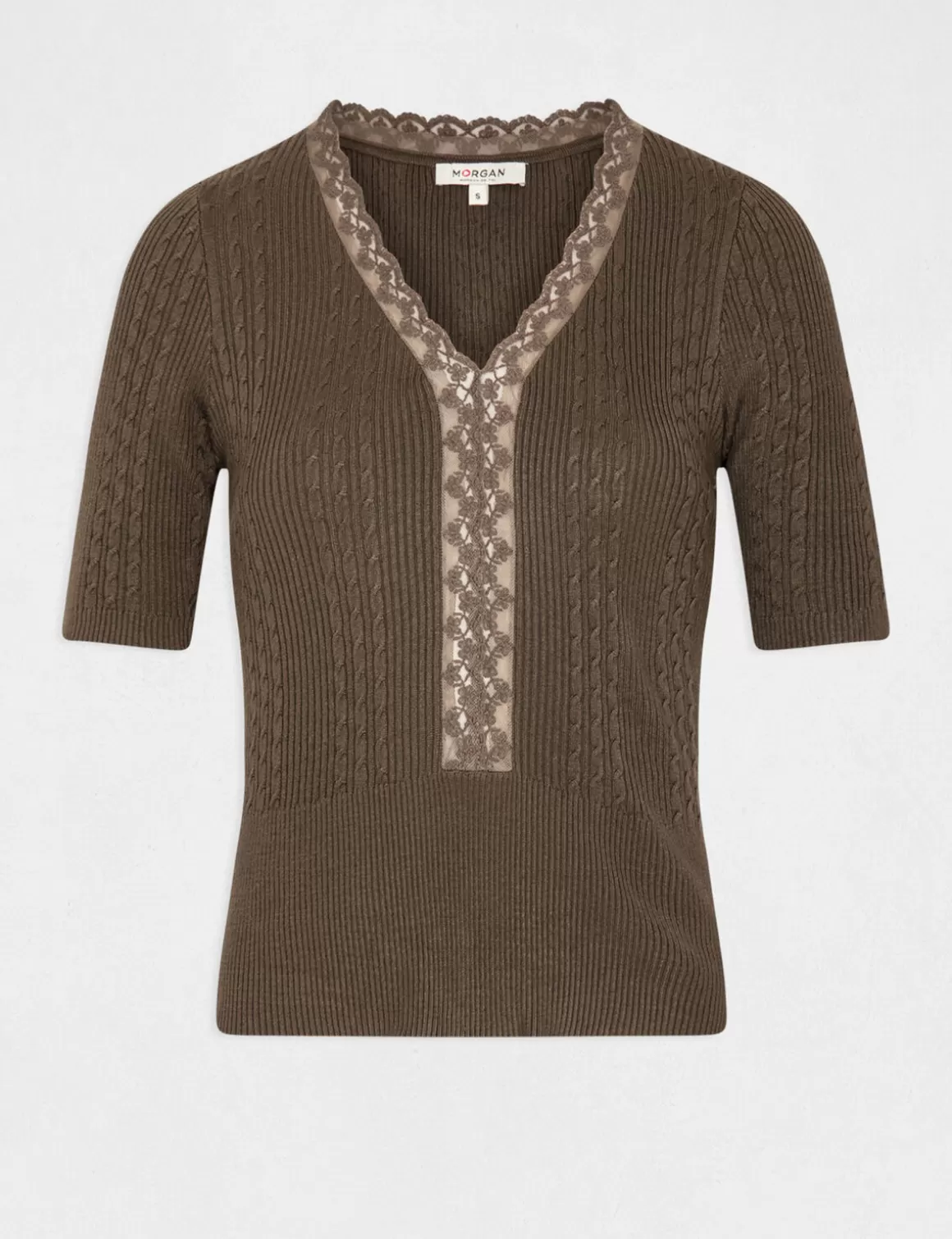 Morgan Pulls>Pull Manches Courtes Avec Col En V Vert Kaki Femme | Vert_Kaki