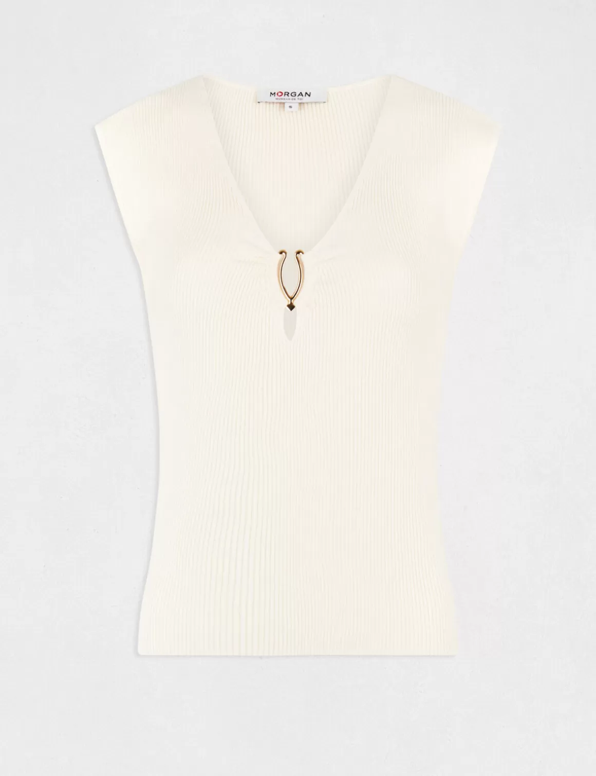 Morgan Tops Et T-Shirts>Pull Manches Courtes Col Detail Bijou Ecru Moyen Femme | Ecru_Moyen