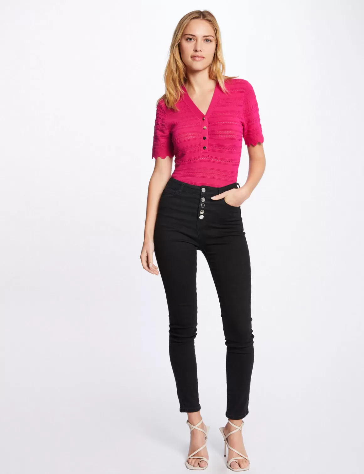 Morgan Pulls>Pull Manches Courtes Details Ajoures Rose Fonce Femme | Rose_Fonce