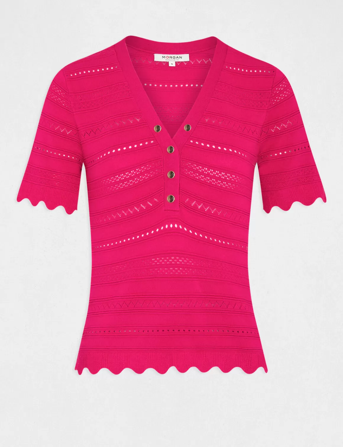 Morgan Pulls>Pull Manches Courtes Details Ajoures Rose Fonce Femme | Rose_Fonce