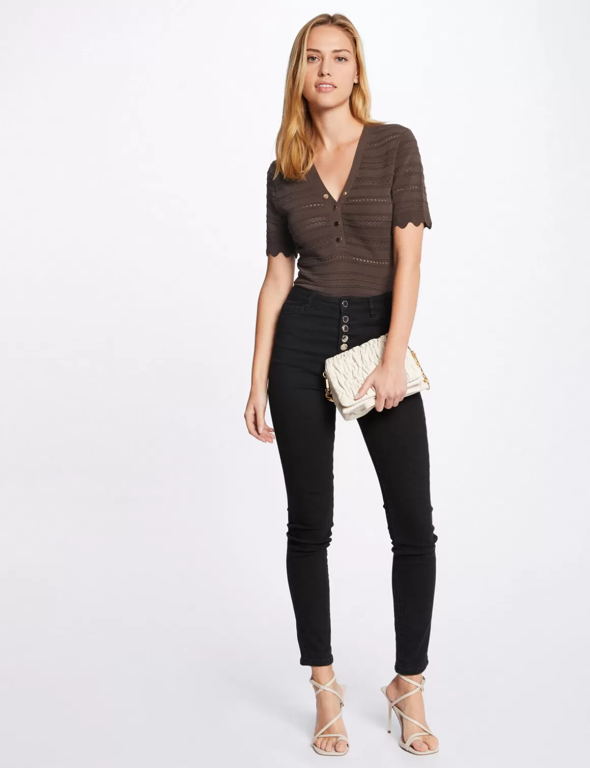 Morgan Pulls>Pull Manches Courtes Details Ajoures Vert Kaki Femme | Vert_Kaki