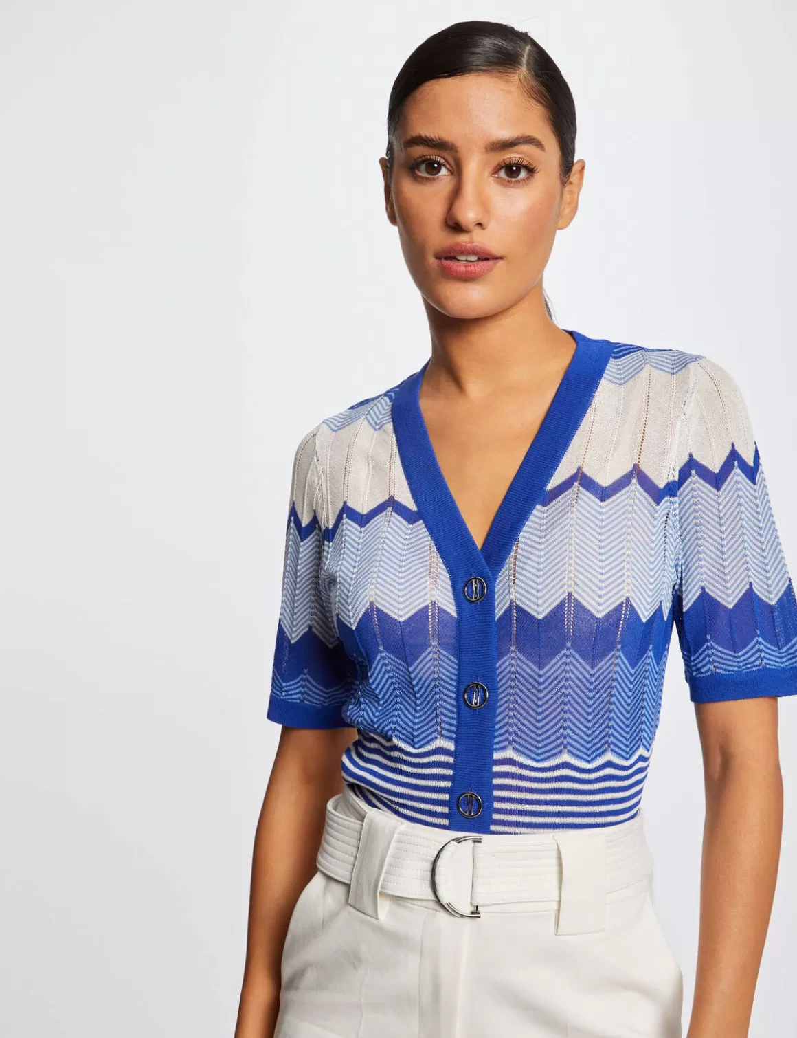 Morgan Pulls>Pull Manches Courtes Imprime Chevron Bleu Moyen Femme | Bleu_Moyen