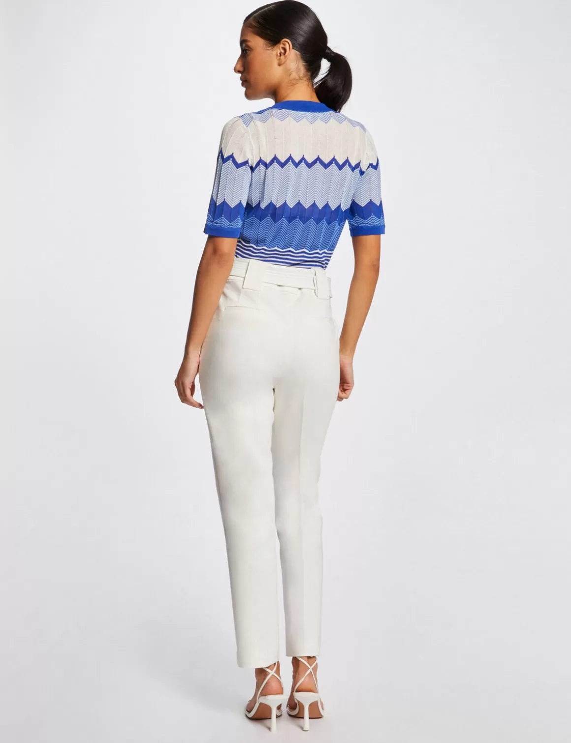 Morgan Pulls>Pull Manches Courtes Imprime Chevron Bleu Moyen Femme | Bleu_Moyen