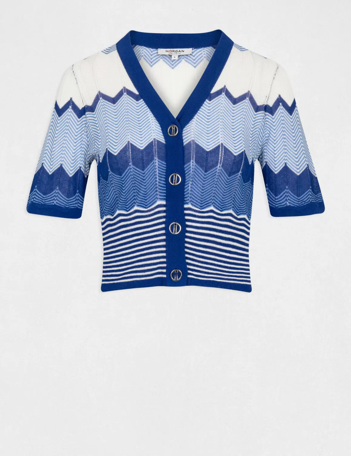 Morgan Pulls>Pull Manches Courtes Imprime Chevron Bleu Moyen Femme | Bleu_Moyen