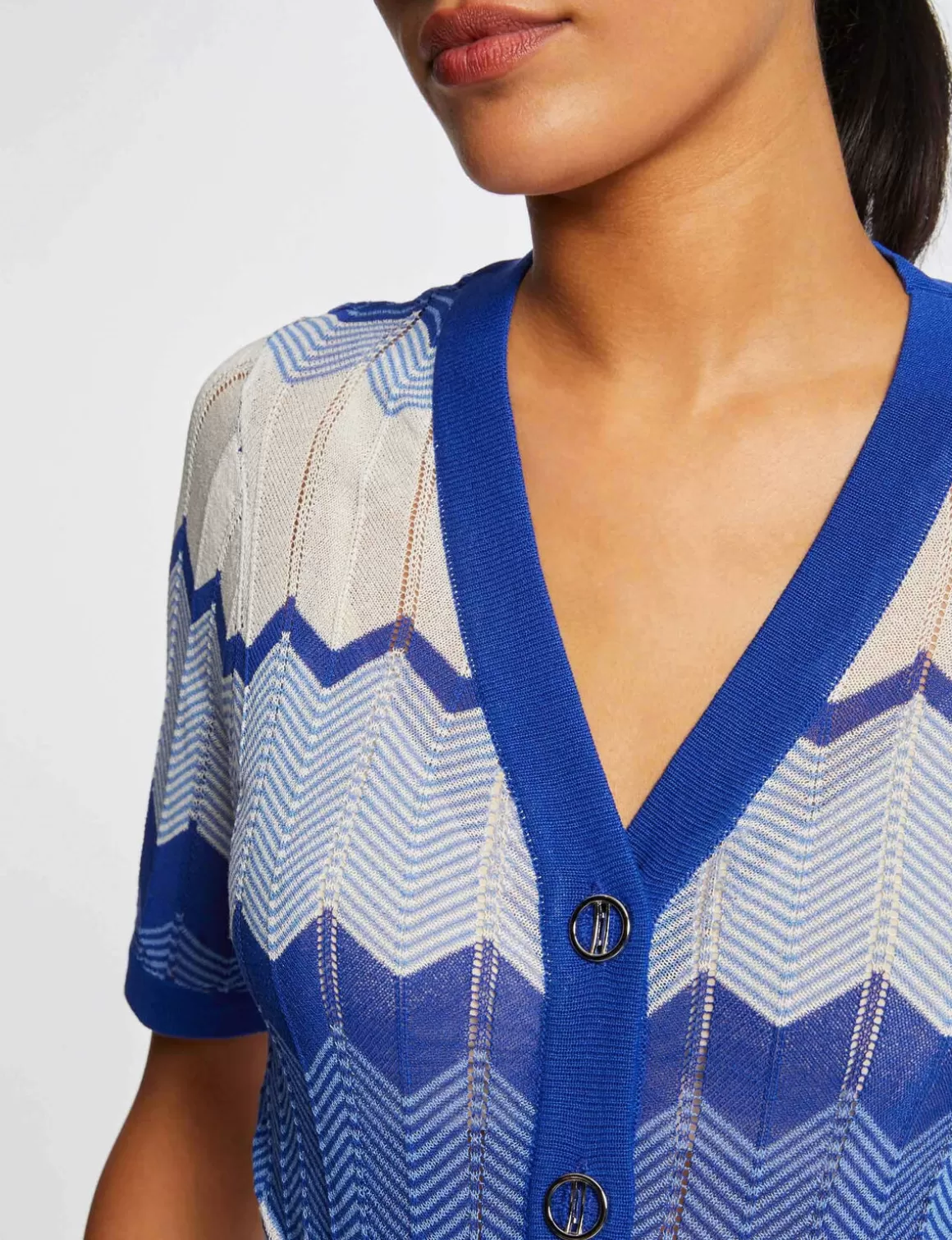 Morgan Pulls>Pull Manches Courtes Imprime Chevron Bleu Moyen Femme | Bleu_Moyen