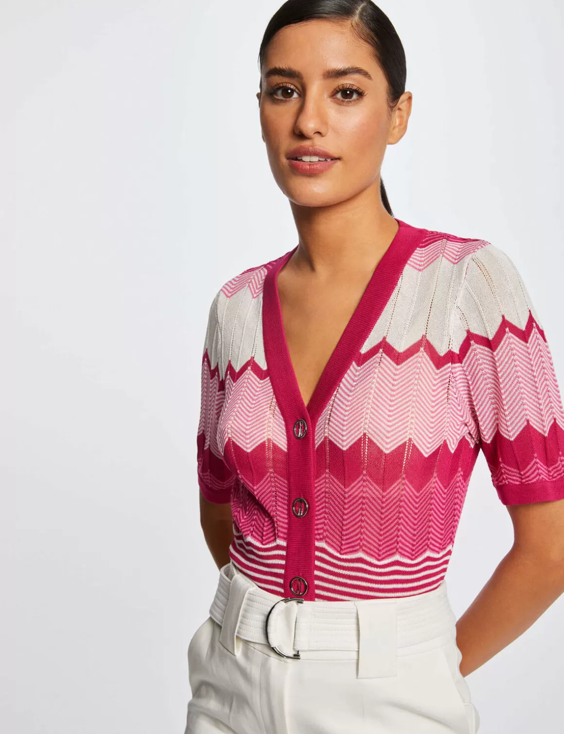 Morgan Pulls>Pull Manches Courtes Imprime Chevron Rose Fonce Femme | Rose_Fonce