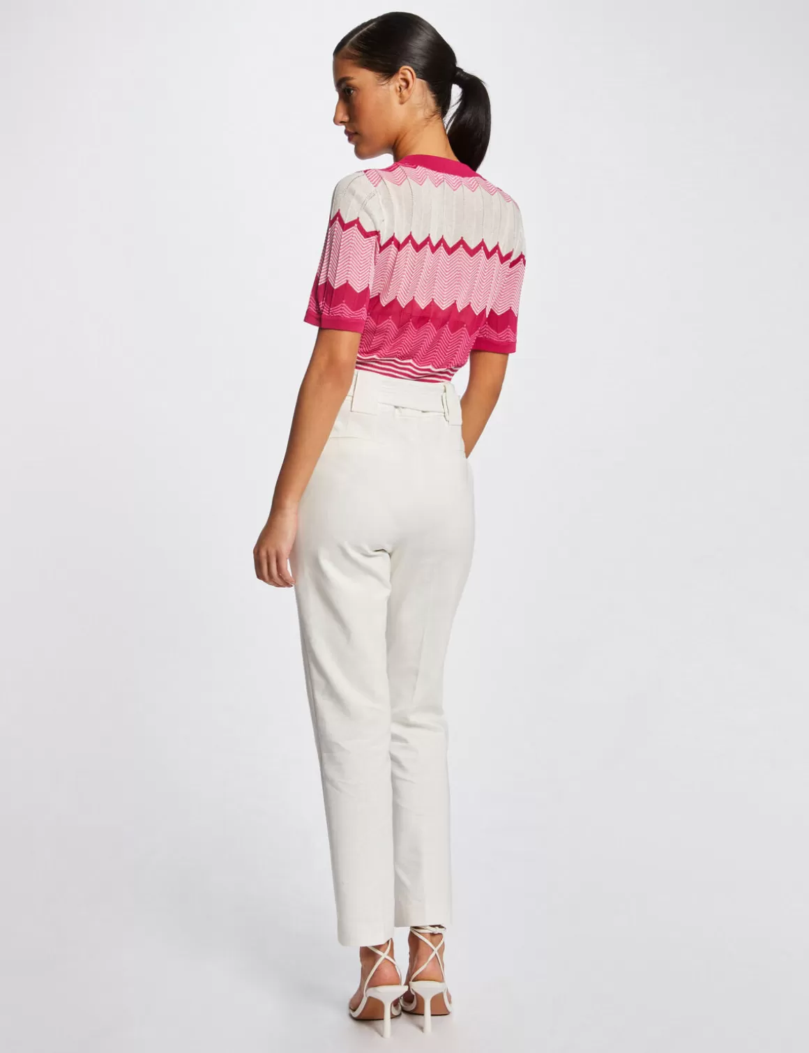 Morgan Pulls>Pull Manches Courtes Imprime Chevron Rose Fonce Femme | Rose_Fonce