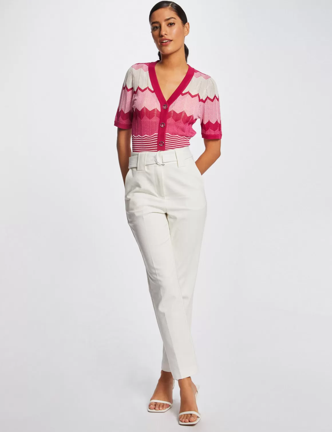 Morgan Pulls>Pull Manches Courtes Imprime Chevron Rose Fonce Femme | Rose_Fonce