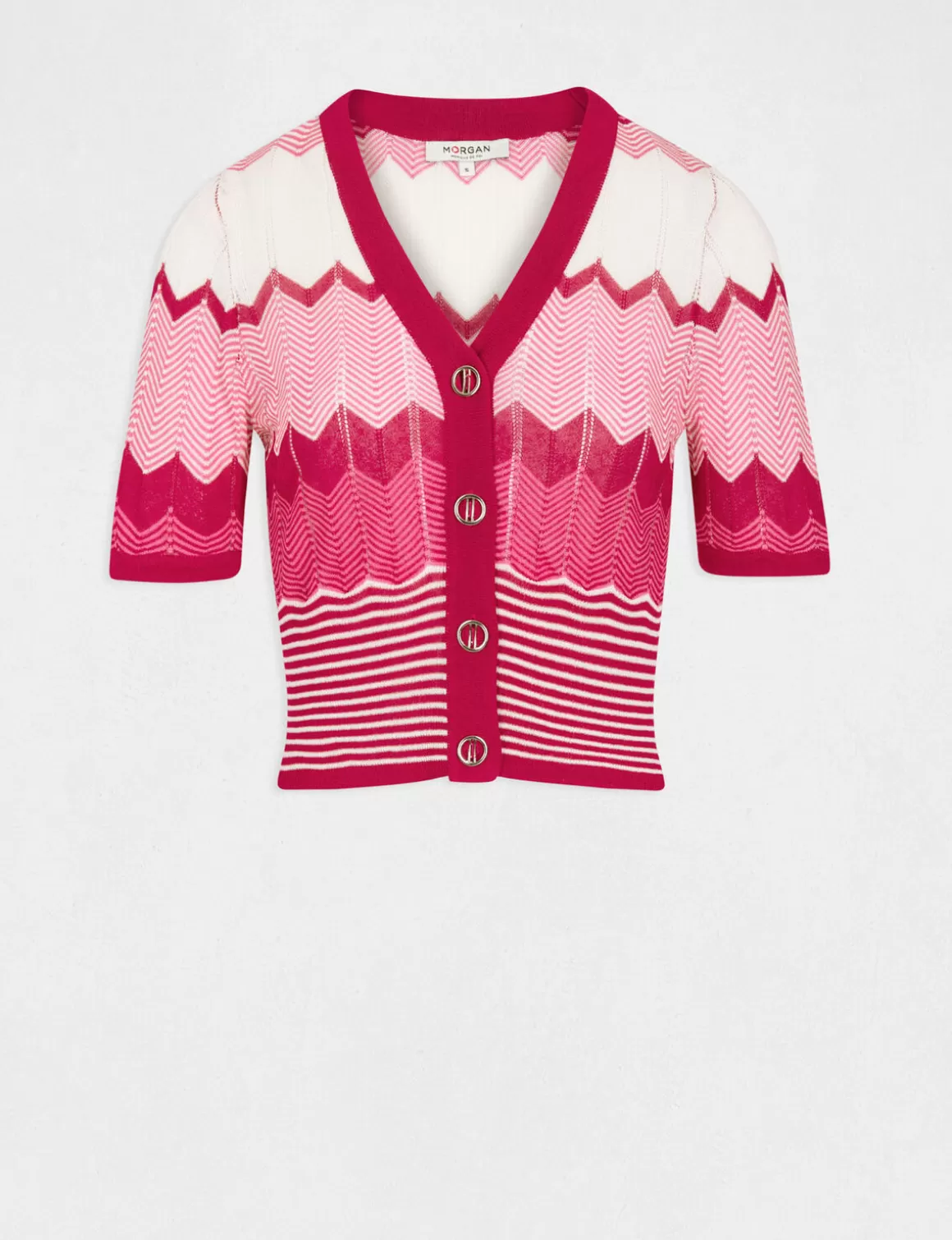 Morgan Pulls>Pull Manches Courtes Imprime Chevron Rose Fonce Femme | Rose_Fonce