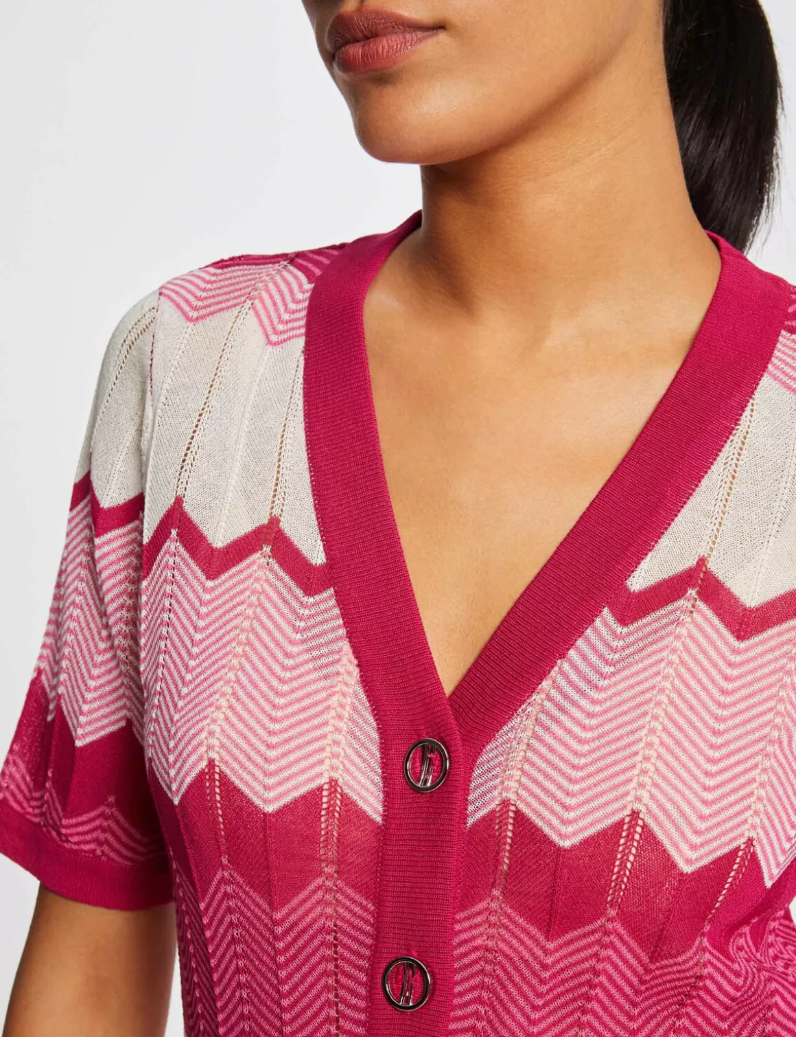 Morgan Pulls>Pull Manches Courtes Imprime Chevron Rose Fonce Femme | Rose_Fonce