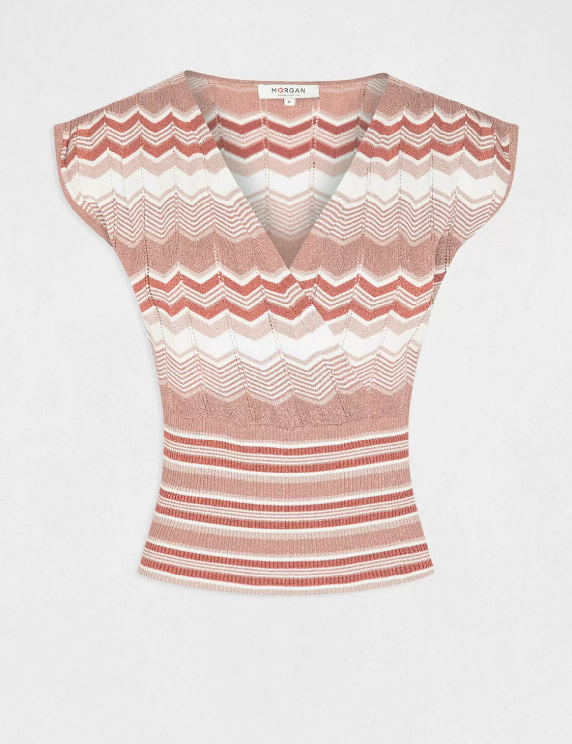 Morgan Pulls>Pull Manches Courtes Imprime Chevron Vieux Rose Femme | Vieux_Rose