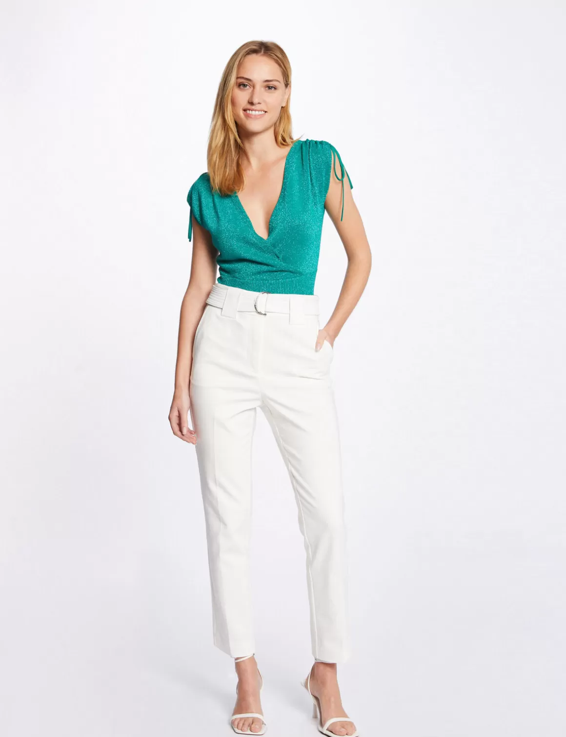 Morgan Pulls>Pull Manches Courtes Lien A Coulisse Vert Moyen Femme | Vert_Moyen
