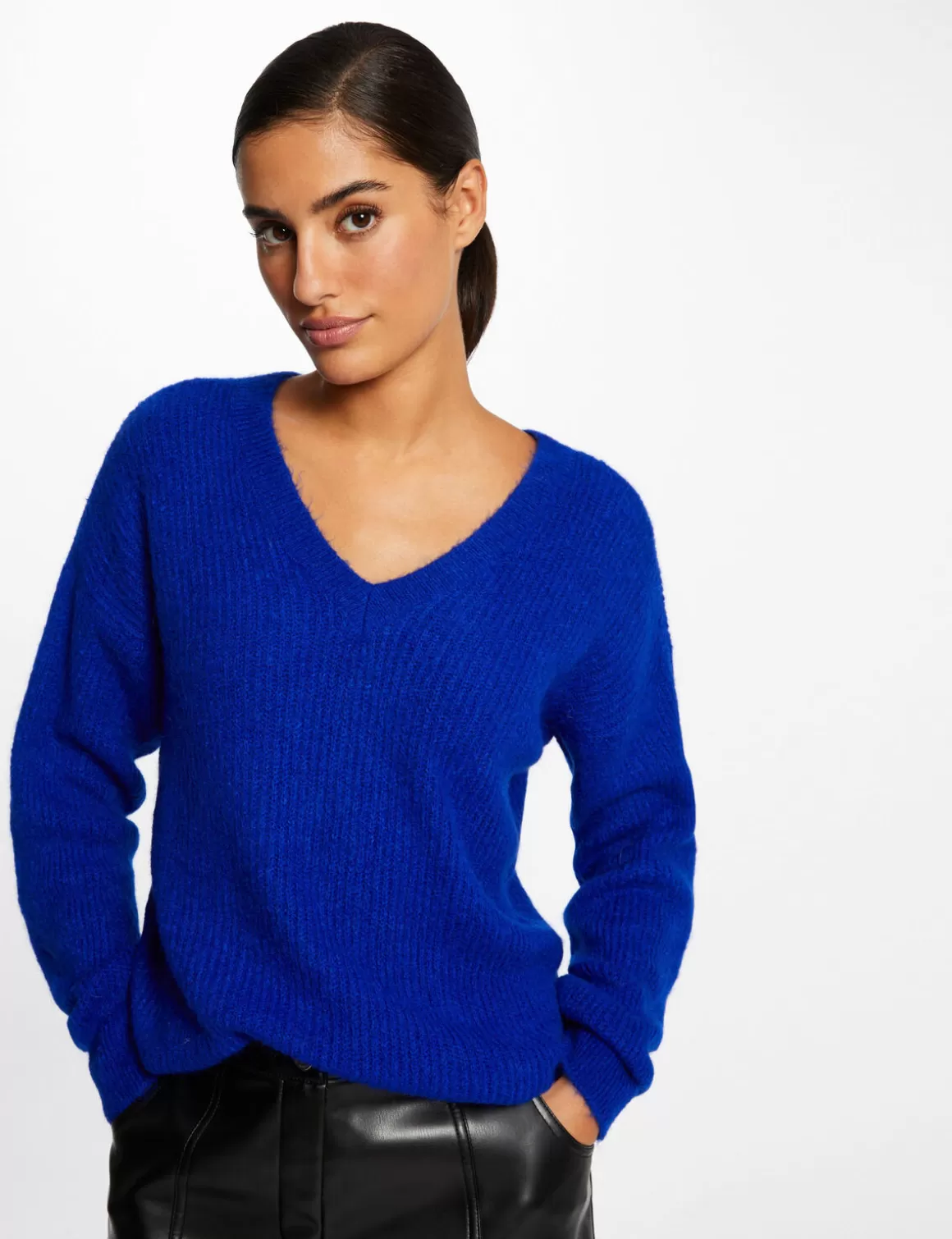 Morgan Pulls>Pull Manches Longues A Col En V Bleu Electrique Femme | Bleu_Electrique