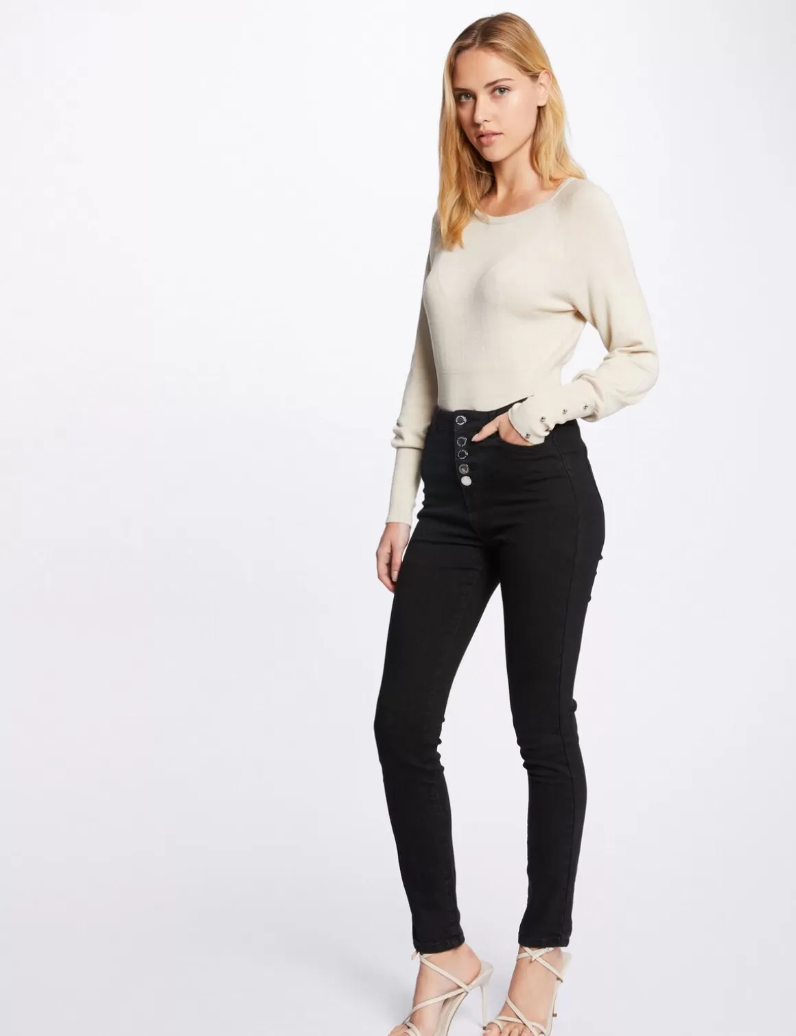 Morgan Pulls>Pull Manches Longues A Col Rond Beige Moyen Femme | Beige_Moyen