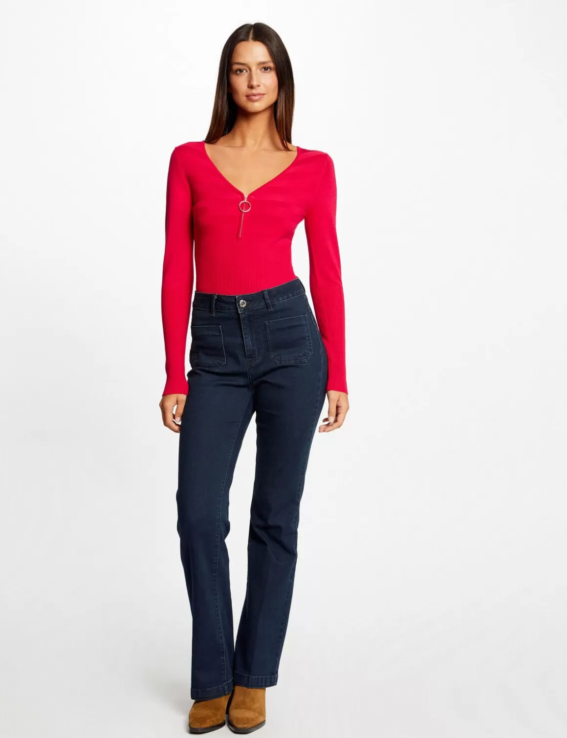 Morgan Pulls>Pull Manches Longues A Detail Zippe Rose Moyen Femme | Rose_Moyen