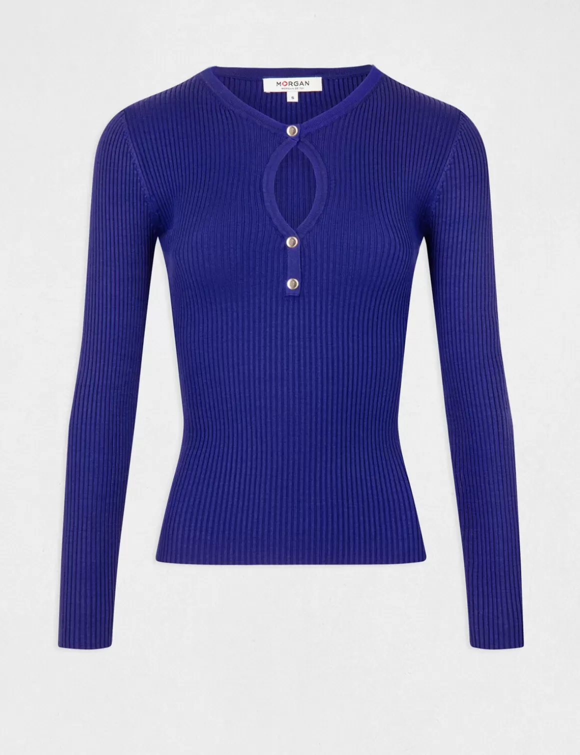Morgan Pulls>Pull Manches Longues A Ouverture Bleu Moyen Femme | Bleu_Moyen