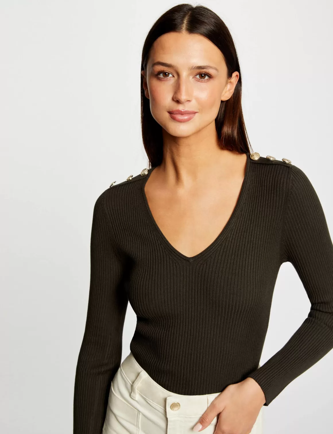 Morgan Pulls>Pull Manches Longues Avec Boutons Vert Fonce Femme | Vert_Fonce