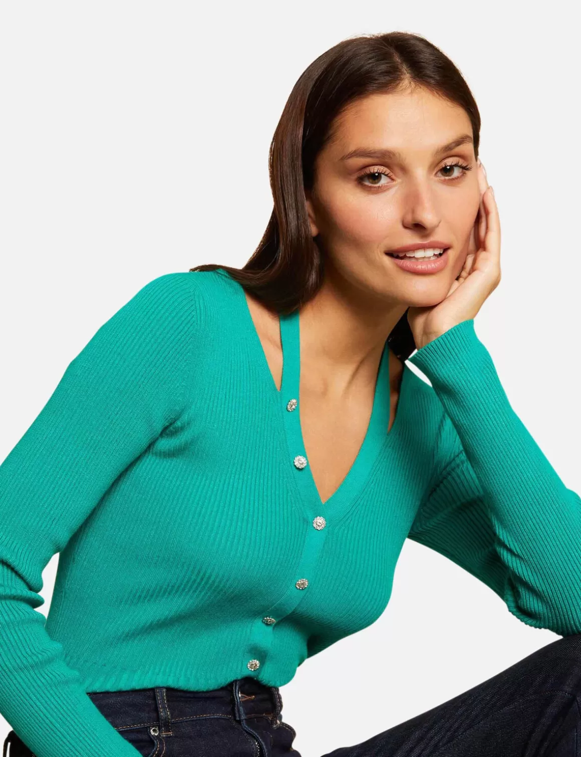 Morgan Pulls>Pull Manches Longues Avec Boutons Vert Moyen Femme | Vert_Moyen