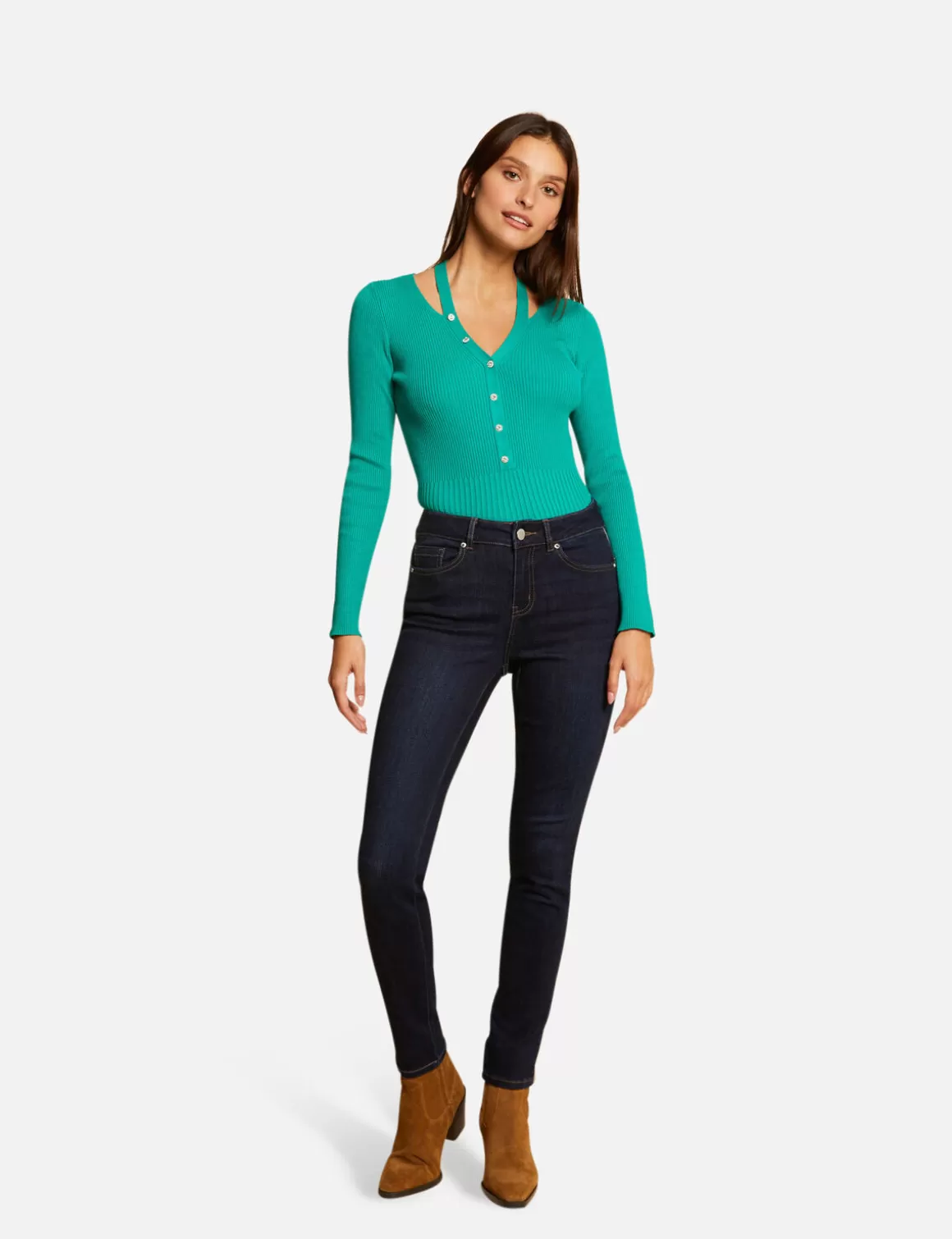 Morgan Pulls>Pull Manches Longues Avec Boutons Vert Moyen Femme | Vert_Moyen
