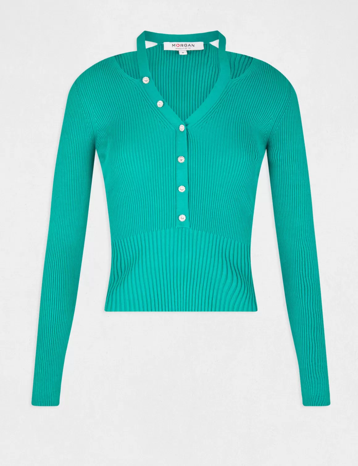 Morgan Pulls>Pull Manches Longues Avec Boutons Vert Moyen Femme | Vert_Moyen
