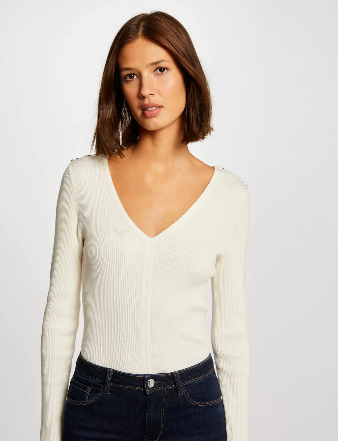 Morgan Pulls>Pull Manches Longues Avec Col En V Femme | Ivoire
