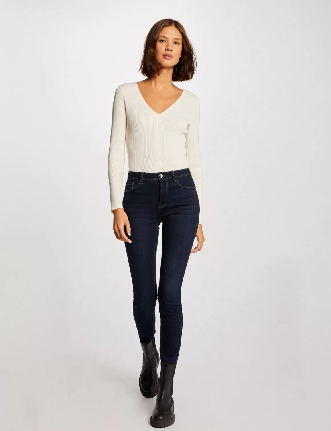 Morgan Pulls>Pull Manches Longues Avec Col En V Femme | Ivoire