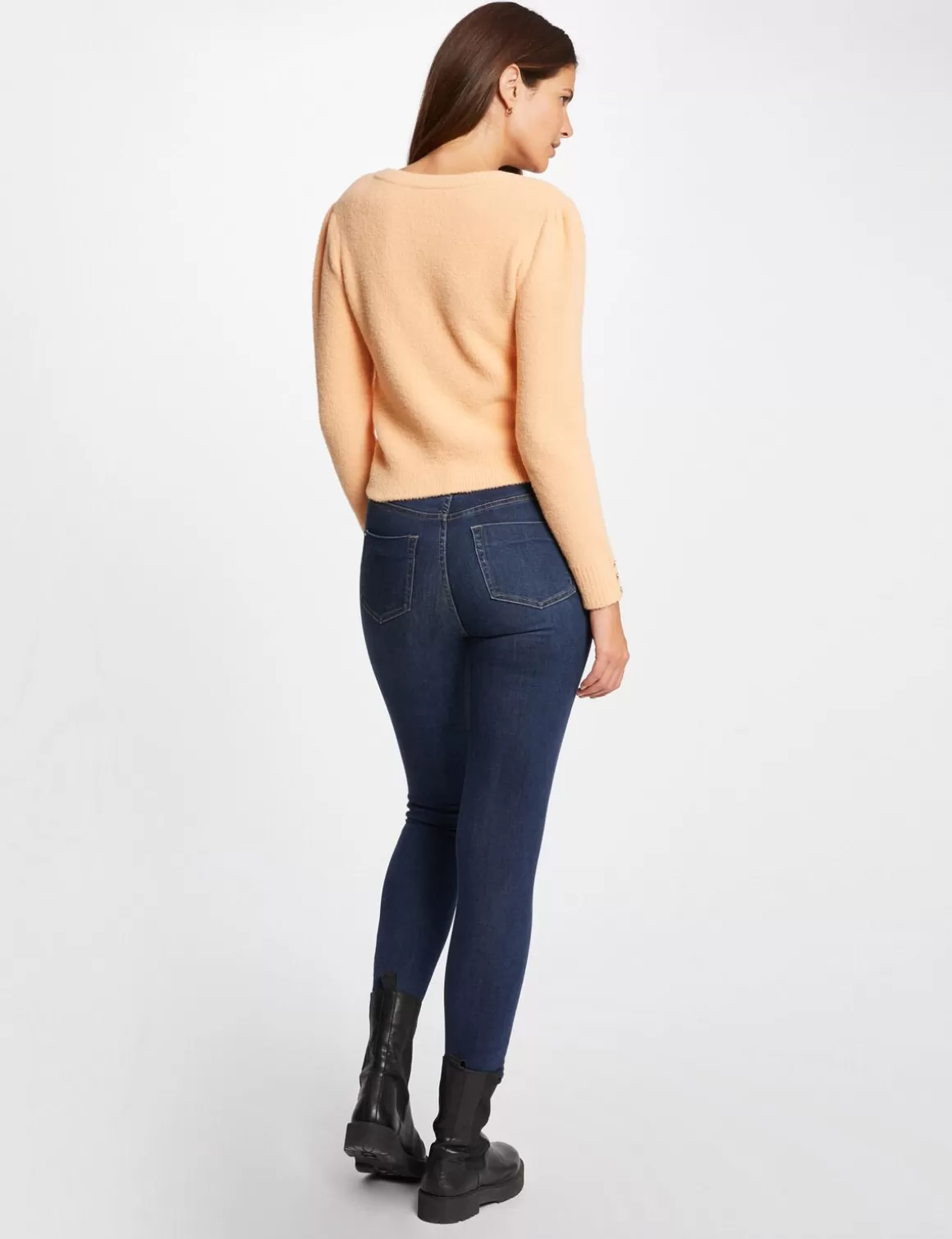 Morgan Pulls>Pull Manches Longues Avec Col En V Orange Clair Femme | Orange_Clair