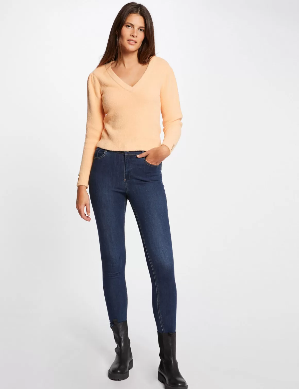 Morgan Pulls>Pull Manches Longues Avec Col En V Orange Clair Femme | Orange_Clair