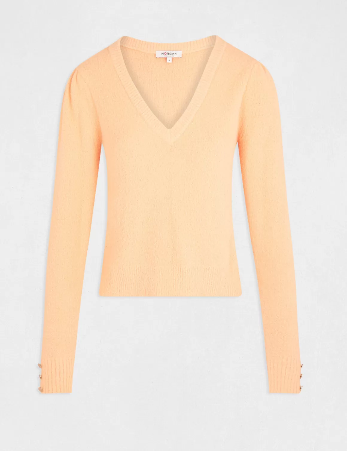 Morgan Pulls>Pull Manches Longues Avec Col En V Orange Clair Femme | Orange_Clair