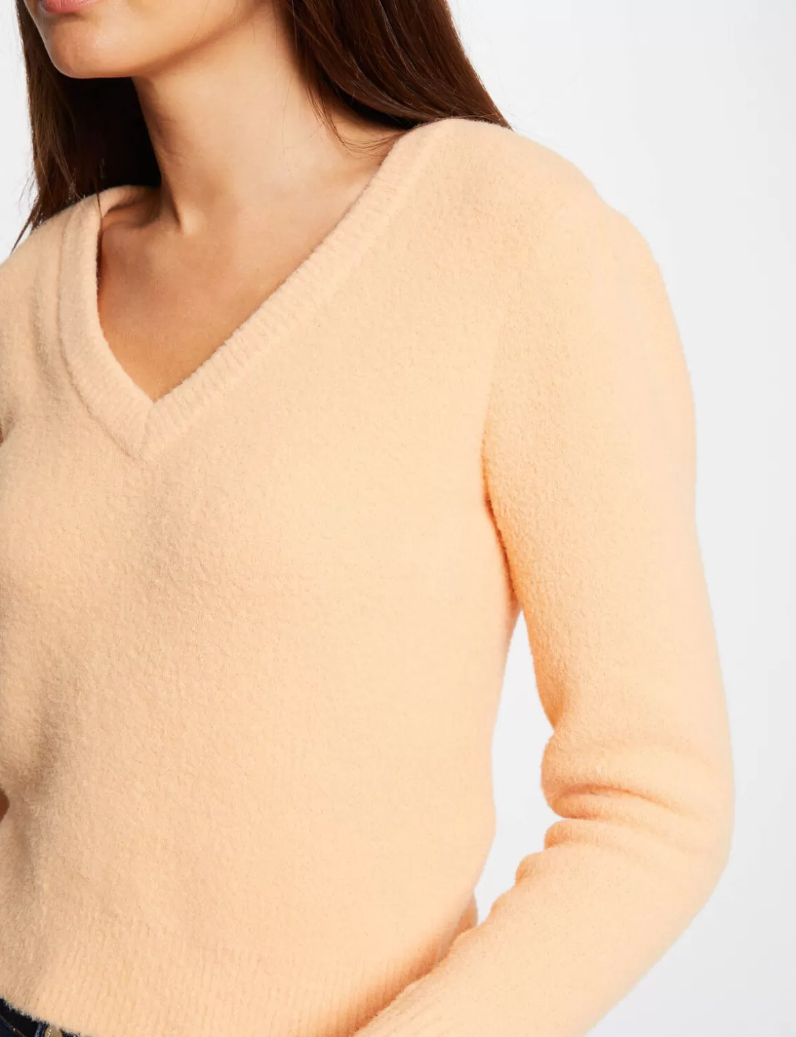 Morgan Pulls>Pull Manches Longues Avec Col En V Orange Clair Femme | Orange_Clair