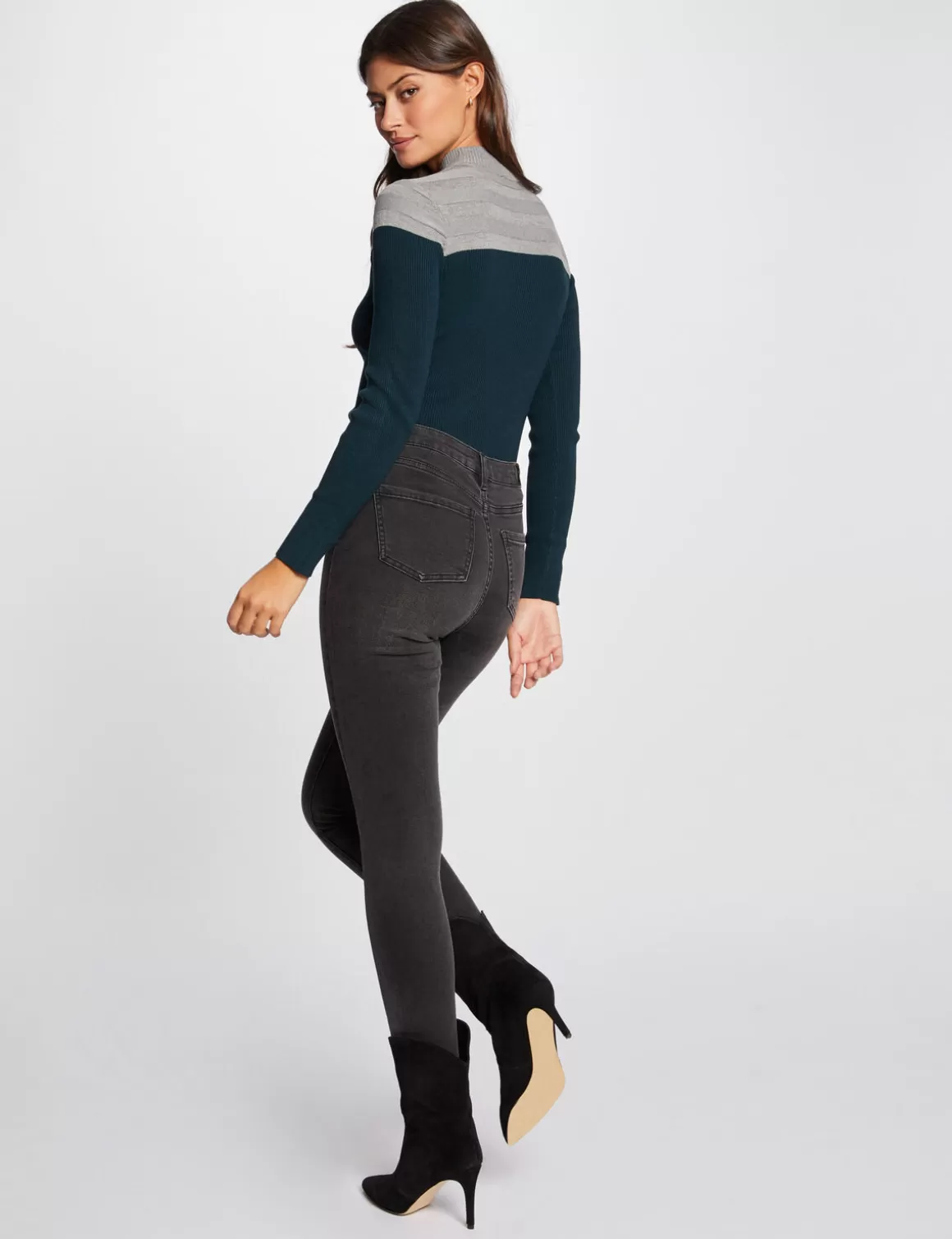 Morgan Pulls>Pull Manches Longues Col Montant Gris Anthracite Femme | Gris_Anthracite
