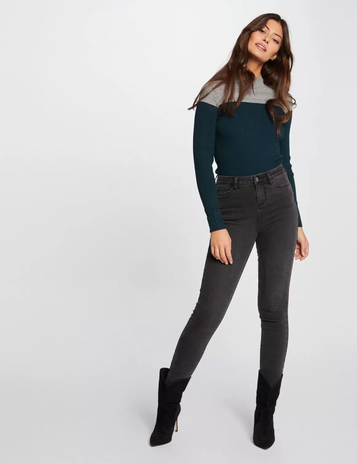Morgan Pulls>Pull Manches Longues Col Montant Gris Anthracite Femme | Gris_Anthracite