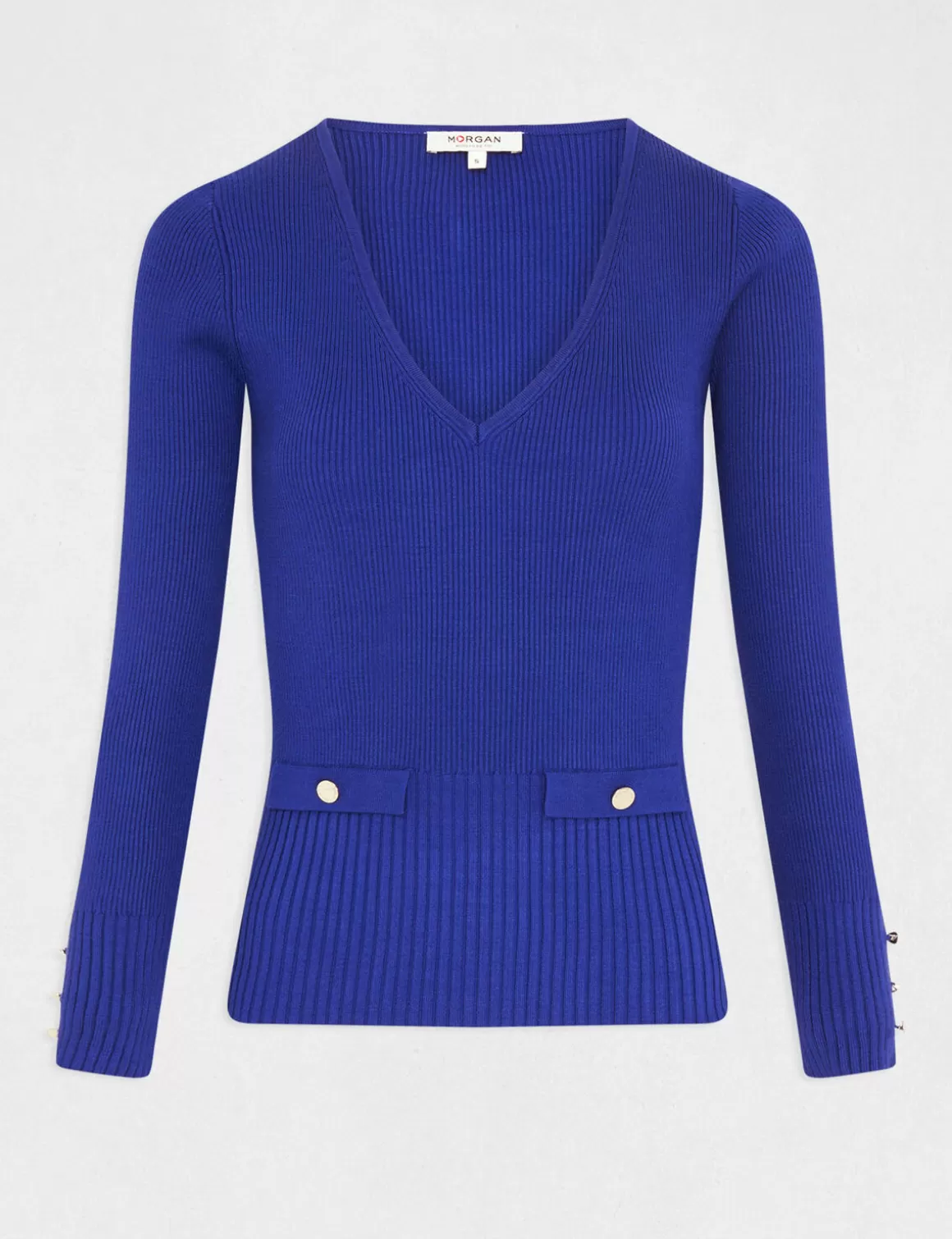 Morgan Pulls>Pull Manches Longues Cotele A Col En V Bleu Moyen Femme | Bleu_Moyen