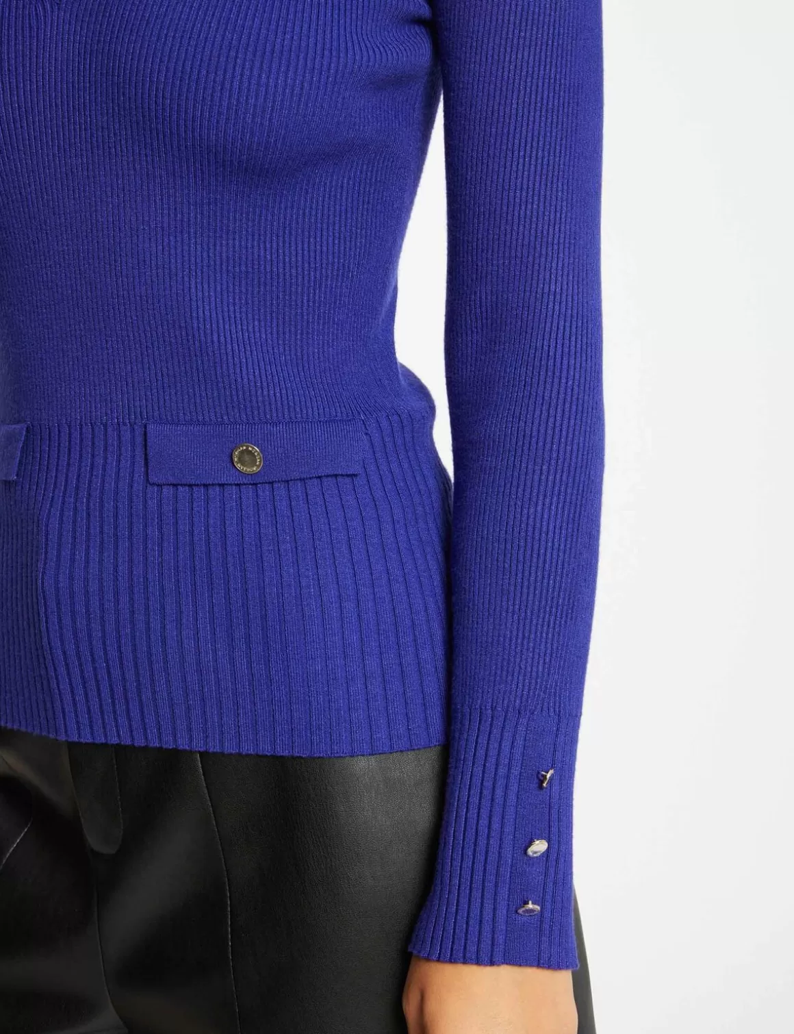 Morgan Pulls>Pull Manches Longues Cotele A Col En V Bleu Moyen Femme | Bleu_Moyen