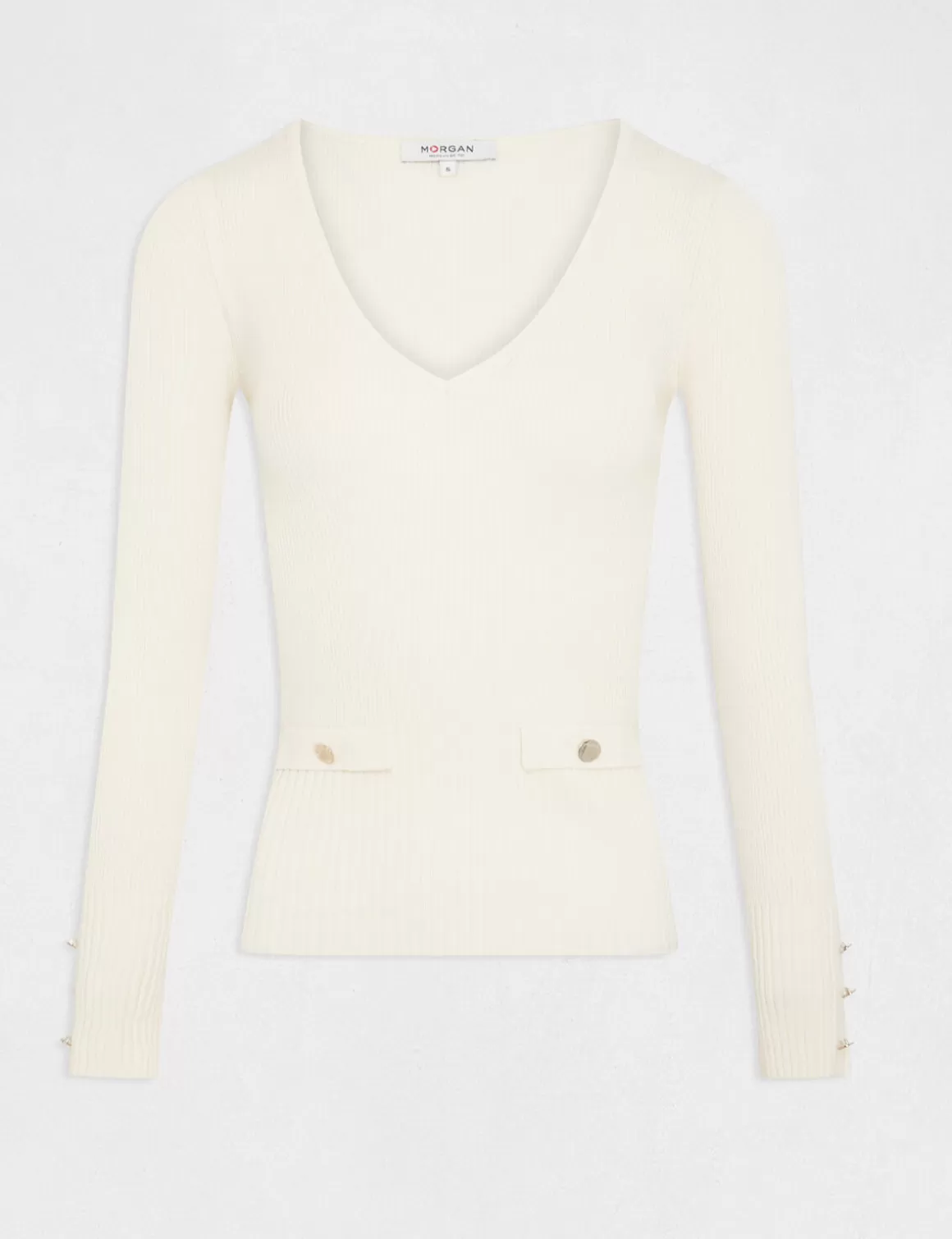 Morgan Pulls>Pull Manches Longues Cotele A Col En V Femme | Ivoire