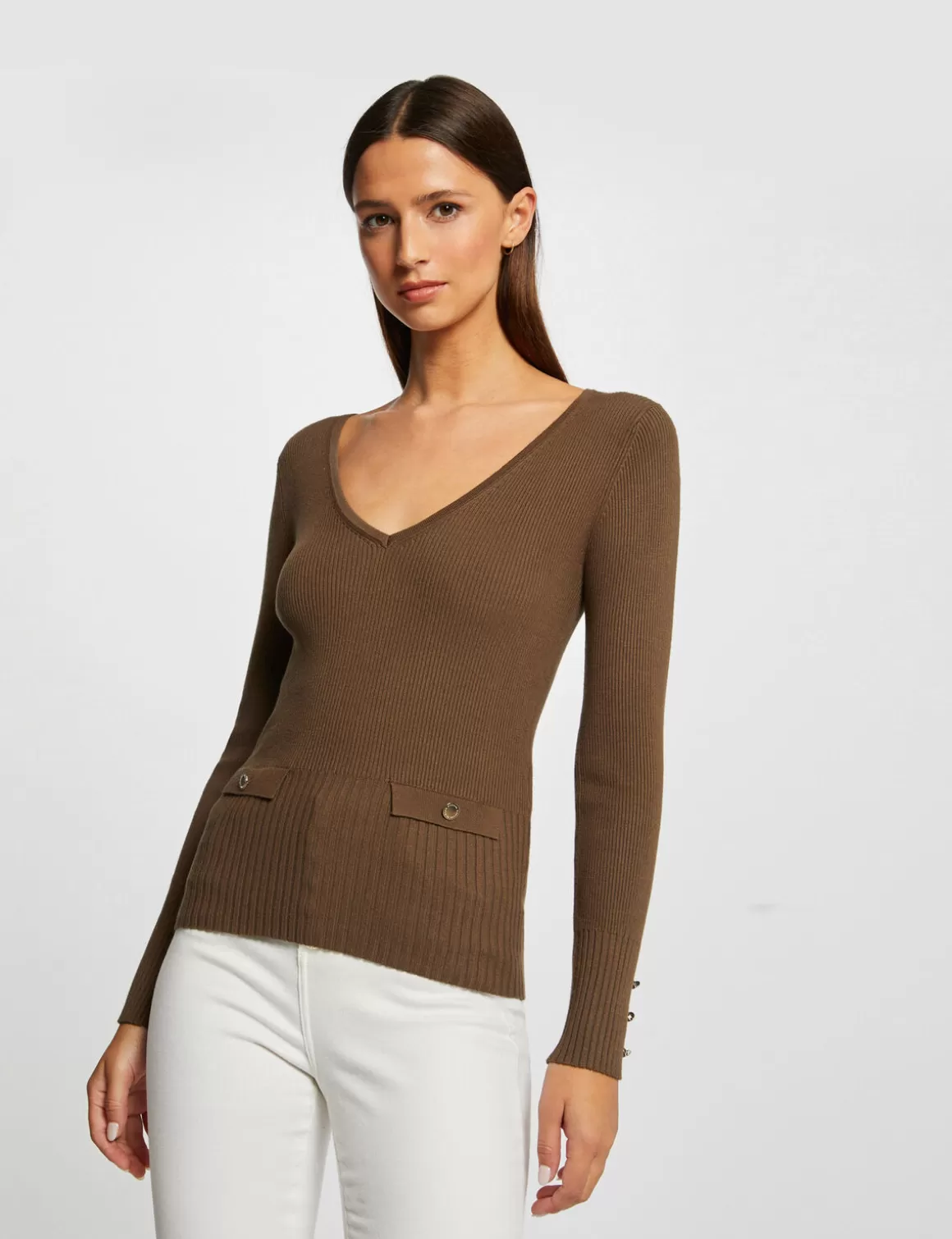 Morgan Pulls>Pull Manches Longues Cotele A Col En V Vert Moyen Femme | Vert_Moyen