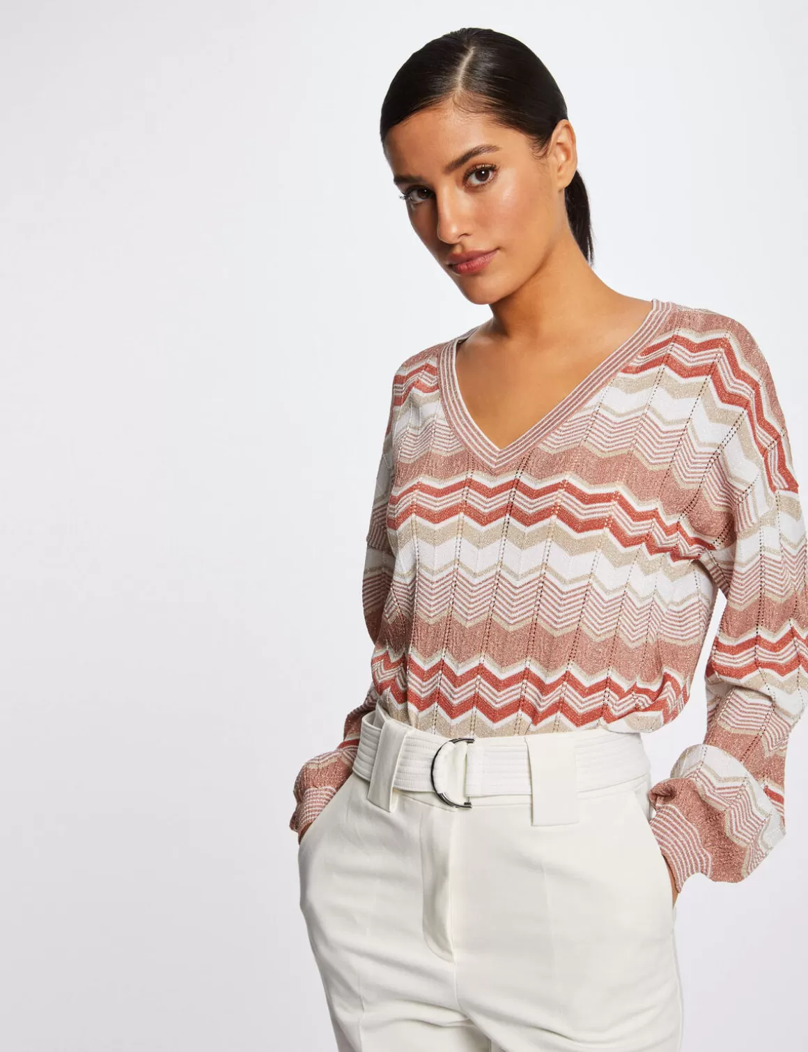 Morgan Pulls>Pull Manches Longues Imprime Chevron Vieux Rose Femme | Vieux_Rose