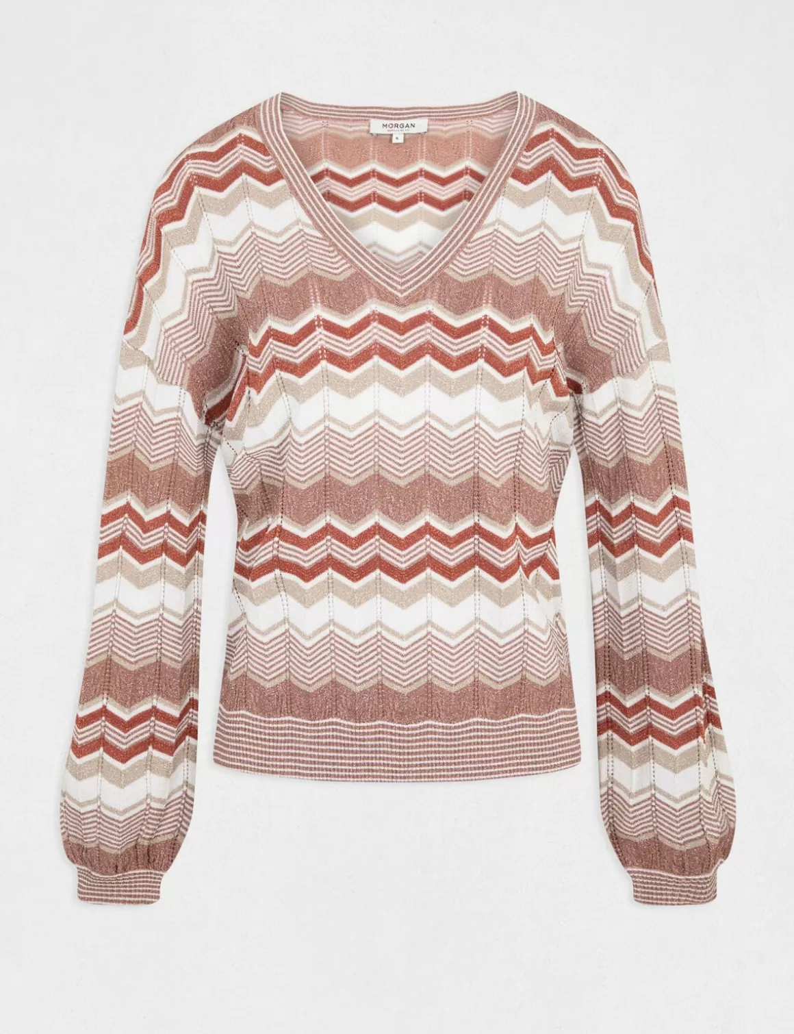 Morgan Pulls>Pull Manches Longues Imprime Chevron Vieux Rose Femme | Vieux_Rose