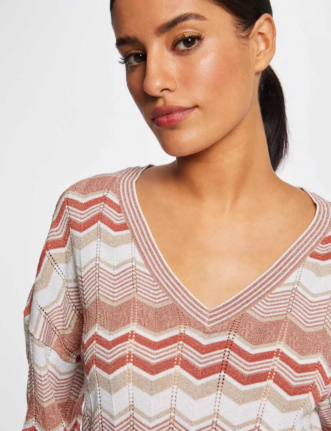Morgan Pulls>Pull Manches Longues Imprime Chevron Vieux Rose Femme | Vieux_Rose
