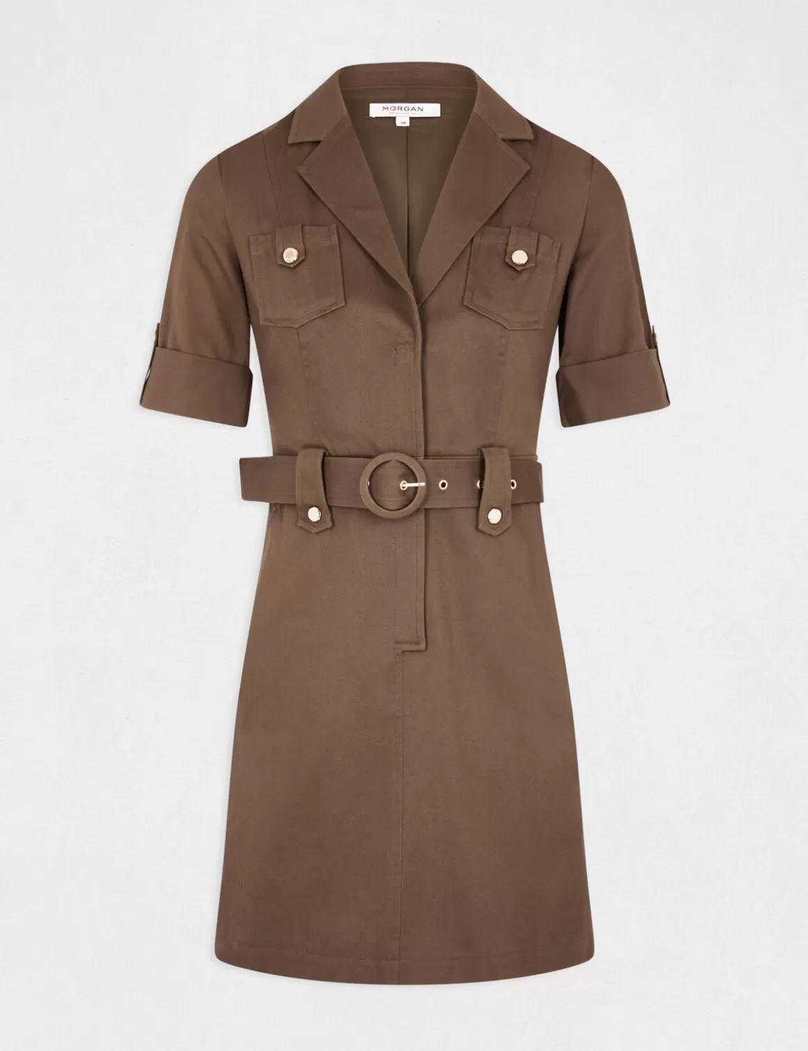 Morgan Robes>Robe Droite Ceinturee A Manches Courtes Vert Kaki Femme | Vert_Kaki