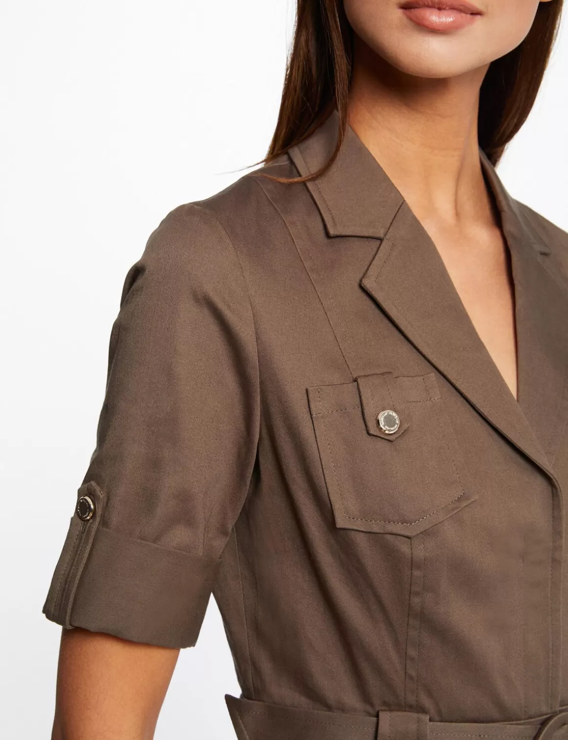 Morgan Robes>Robe Droite Ceinturee A Manches Courtes Vert Kaki Femme | Vert_Kaki