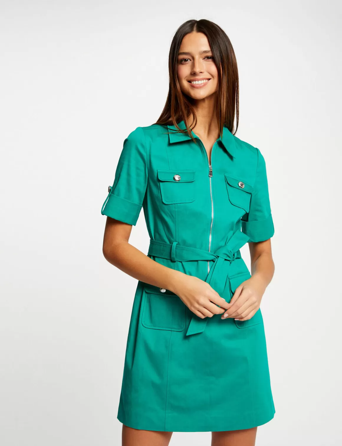 Morgan Robes>Robe Droite Manches Courtes Ceinturee Vert Moyen Femme | Vert_Moyen