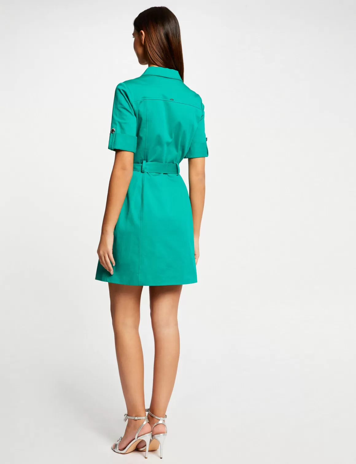 Morgan Robes>Robe Droite Manches Courtes Ceinturee Vert Moyen Femme | Vert_Moyen