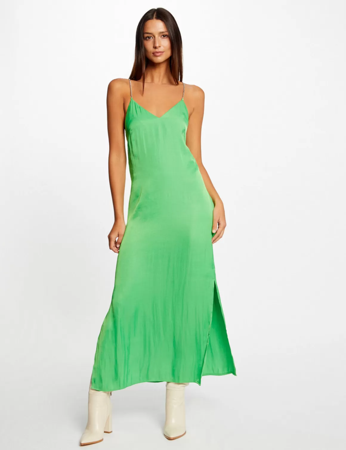 Morgan Robes>Robe Longue Evasee Fendue Satin Vert Clair Femme | Vert_Clair
