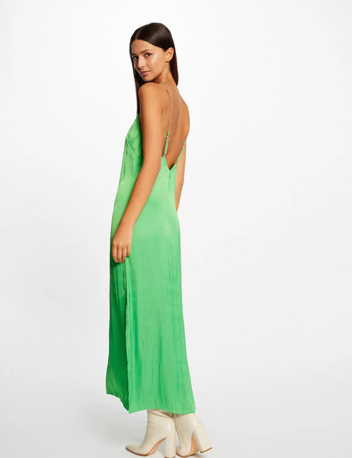 Morgan Robes>Robe Longue Evasee Fendue Satin Vert Clair Femme | Vert_Clair