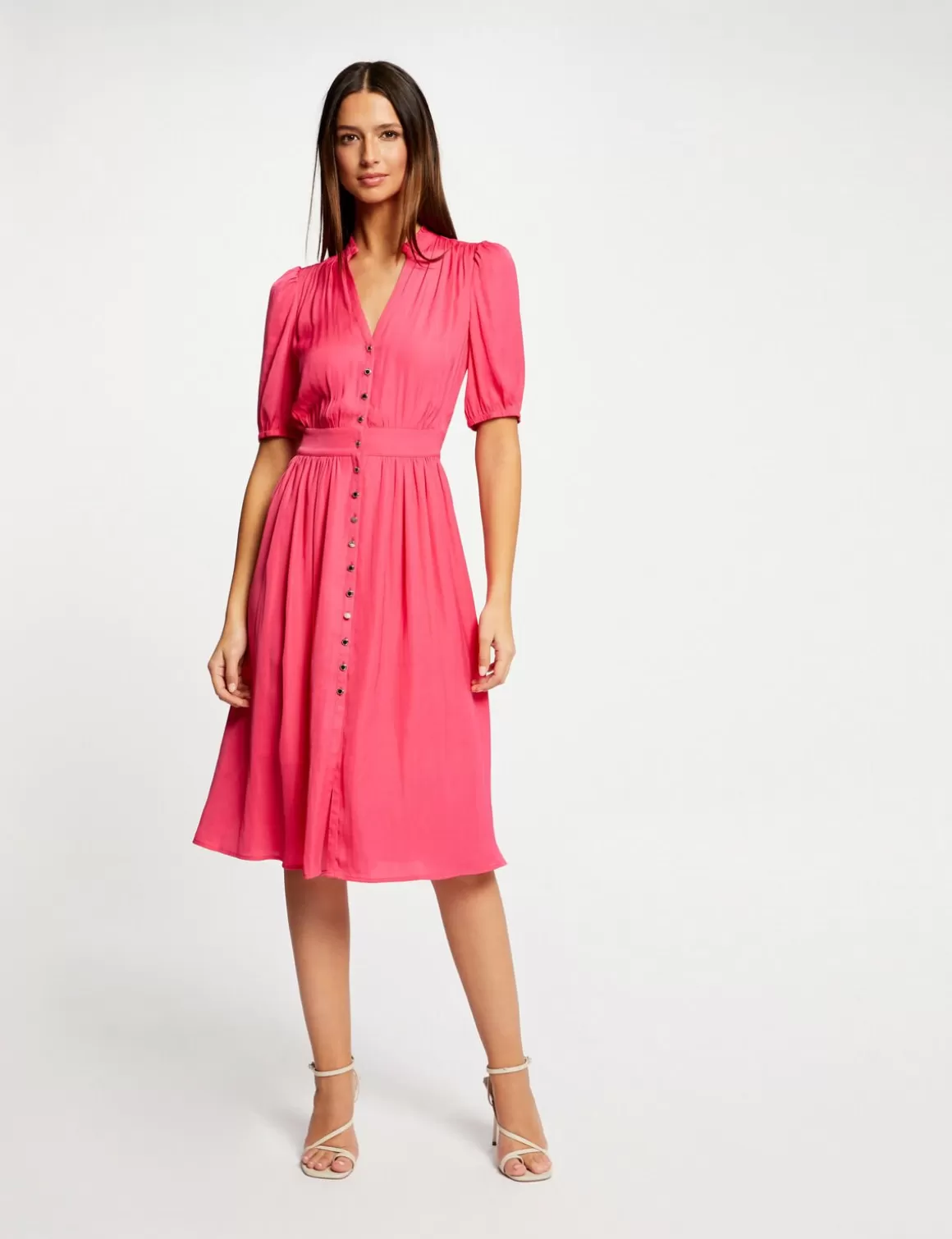 Morgan Robes>Robe Manches 3/4 Boutonnee A L'Avant Rose Moyen Femme | Rose_Moyen